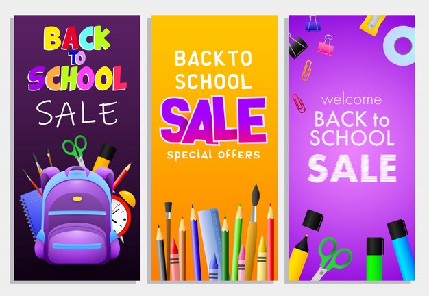 Back to school sale letterings set, backpack, pencils, brushes