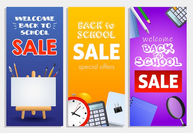 Free vector back to school sale letterings set, easel, alarm clock, loupe