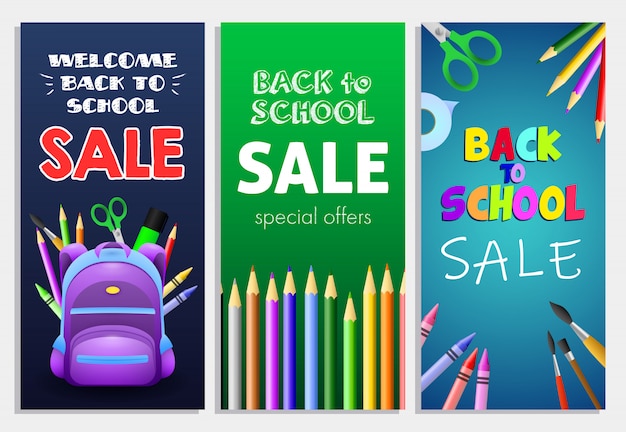 Back to school sale letterings set with backpack, pencils