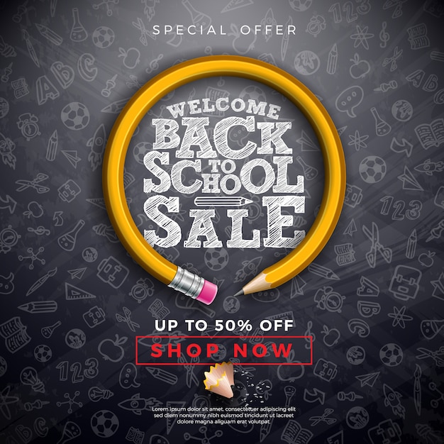 Back to School Sale with Graphite Pencil, Brush and Typography Letter Black Chalkboard Background