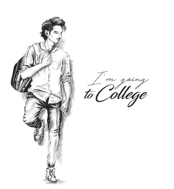 Back to school Sketch of College Student Holding bag on Isolated white Background