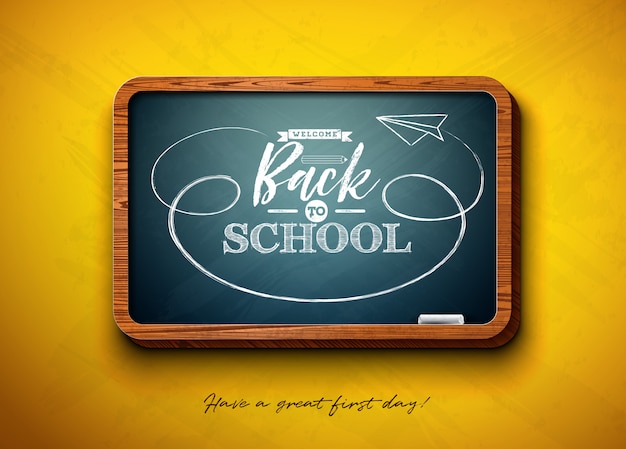 Back to school with chalkboard and typography lettering on yellow.