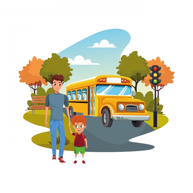 Free Vector back to school with happiness and father son and school bus