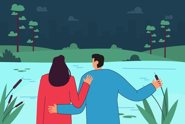 Free Vector back view of couple in front of lake at night. boyfriend and girlfriend on date in nature flat vector illustration. love, romance, camping concept for banner, website design or landing web page