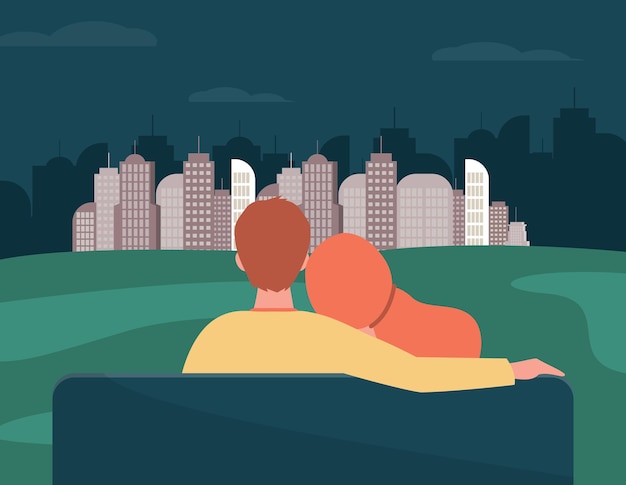 Free Vector back view of couple looking at night cityscape. bench, girlfriend, boyfriend flat  illustration. cartoon illustration