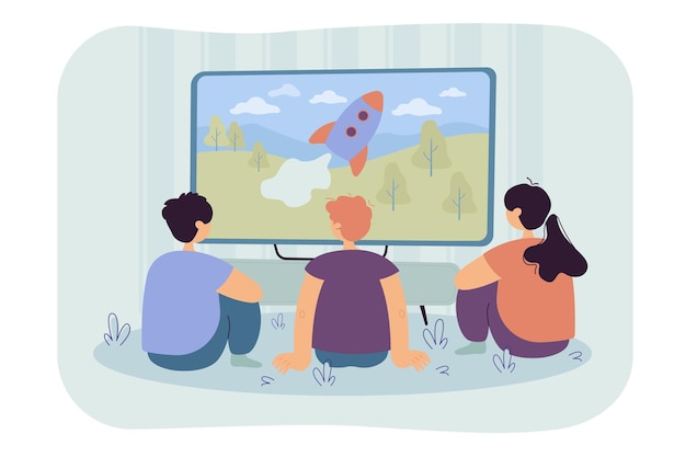 Back view of kids watching TV show isolated flat  illustration. Cartoon illustration