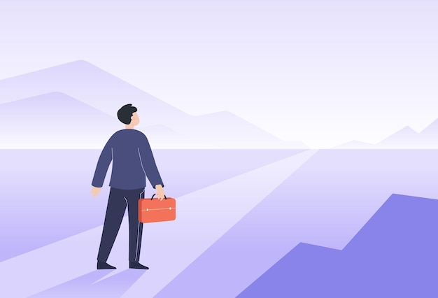 Free Vector back view of landscape with businessman and long way ahead. business person and new career opportunities, straight road, bright future flat vector illustration. motivation, challenge, goal concept