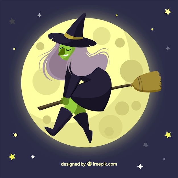 Free Vector background of beautiful witch flying with her broom