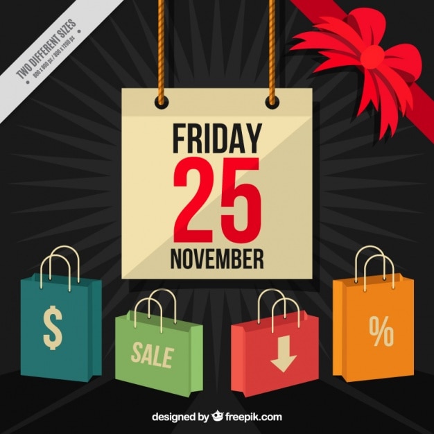 Free Vector background for black friday with colorful shopping bags and a red bow