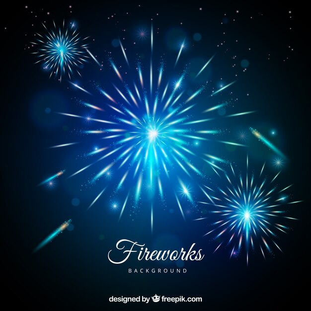 Background of blue fireworks in realistic style