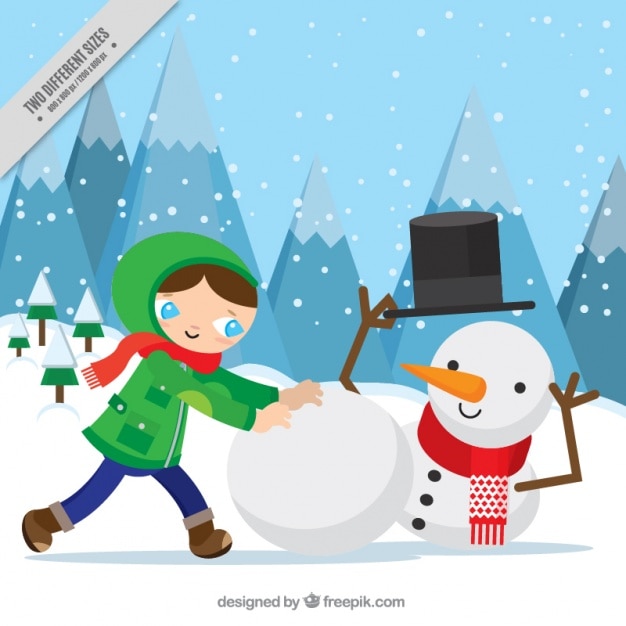 Free vector background of boy making a snowman