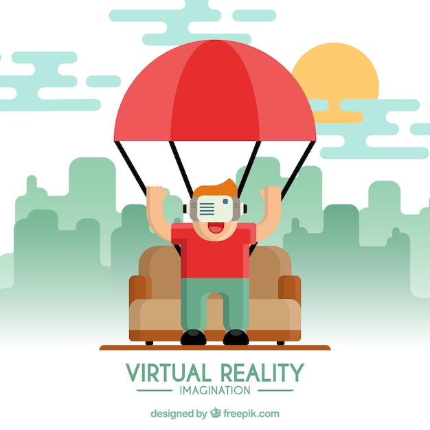 Free vector background of boy playing with virtual reality glasses in flat design