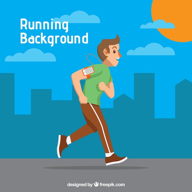 Background of boy running in the city in flat design