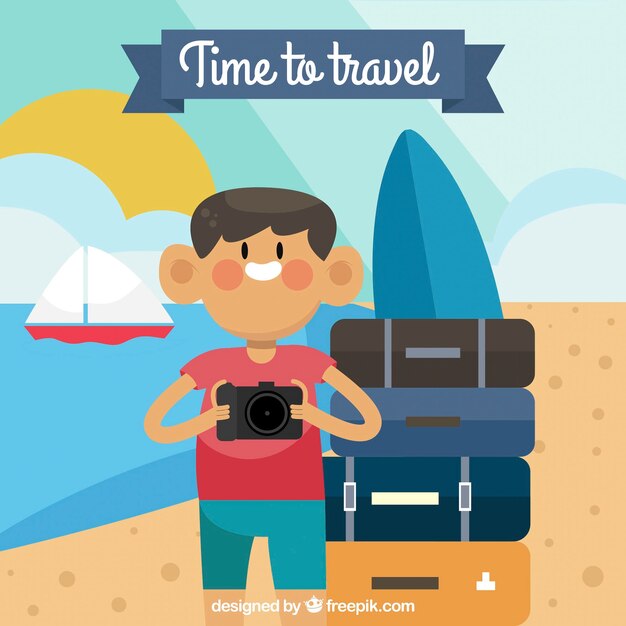 Background of boy with luggage on the beach