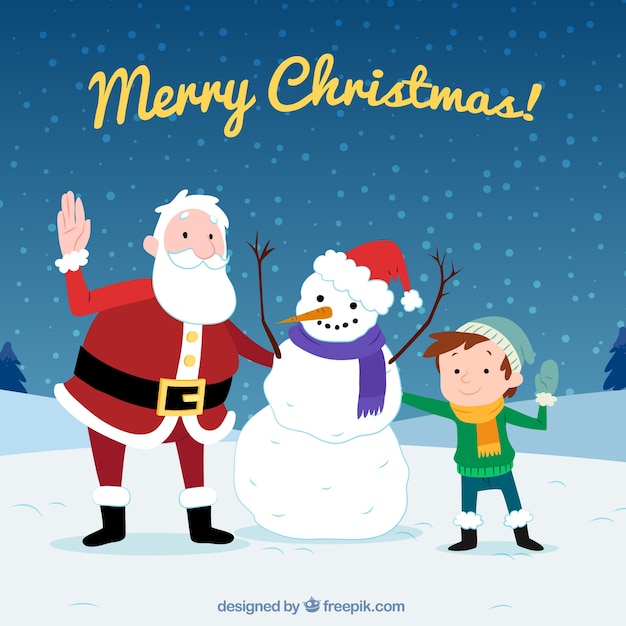 Background of boy with santa claus and snowman