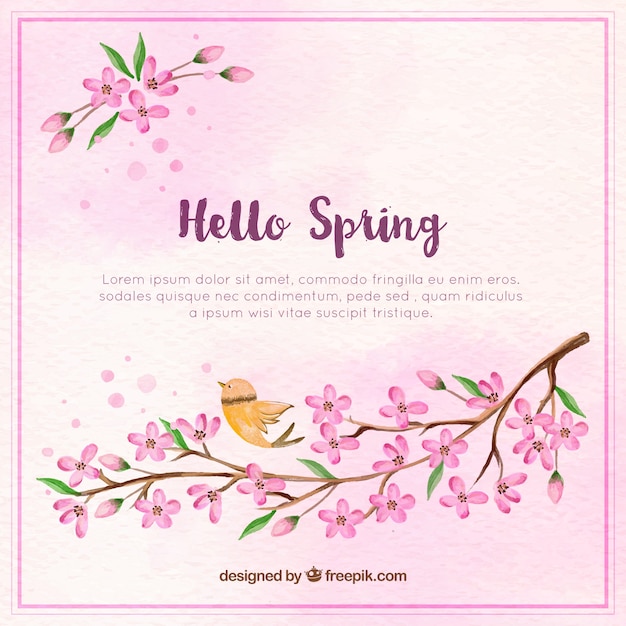 Free Vector background of branch with flowers and watercolor bird