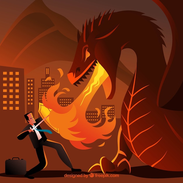 Background of business character fighting with dragon