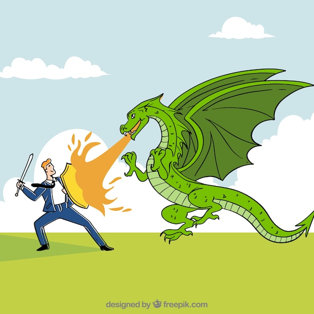 Free vector background of business character fighting with dragon