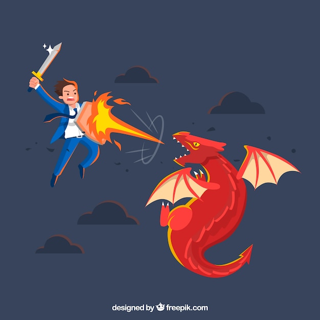 Background of business character fighting with dragon