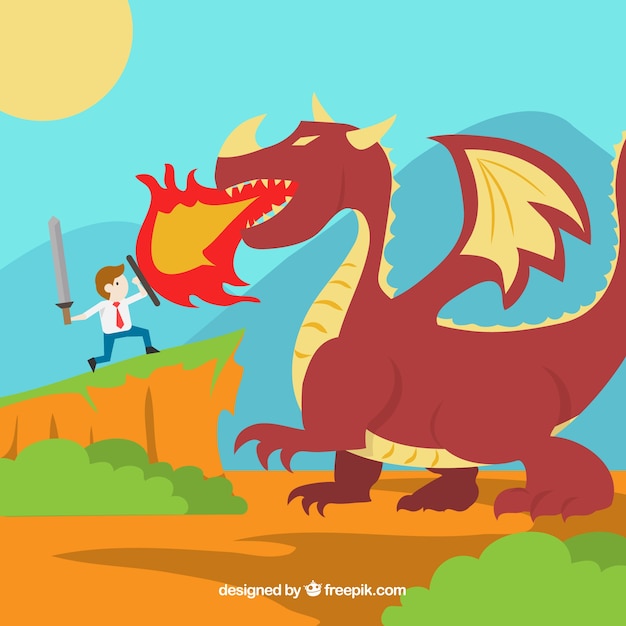 Background of business character fighting with a dragon