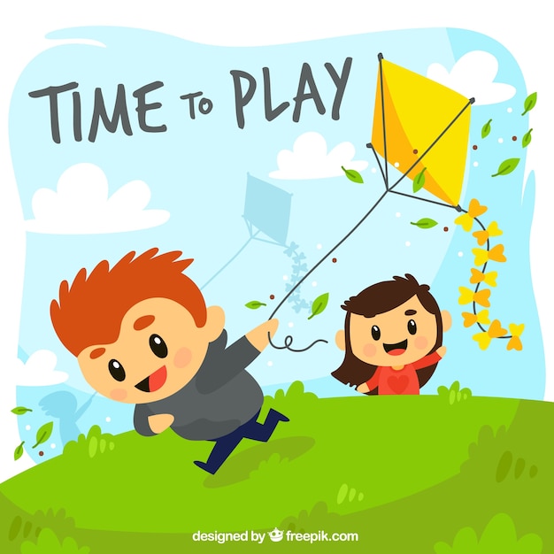 Free Vector background of children playing with a kite