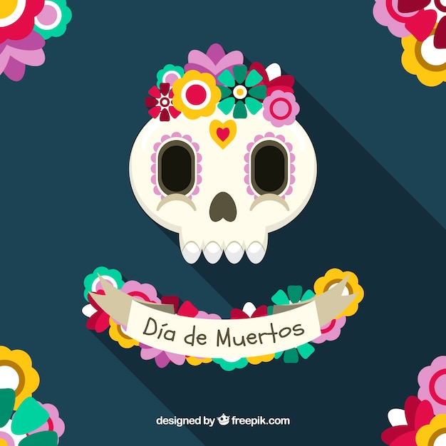 Background of colorful flowers with skull in flat design