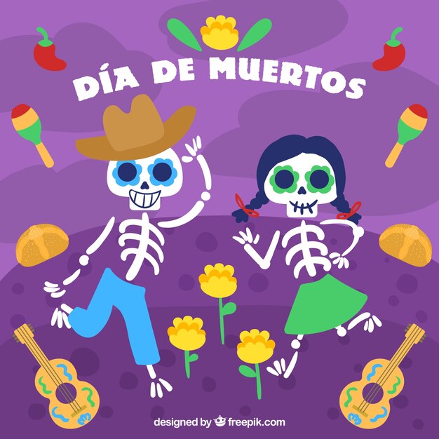 Background of day of the dead with skeletons dancing