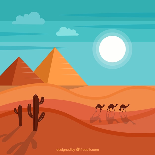 Background of egypt pyramids landscape with caravan of camels