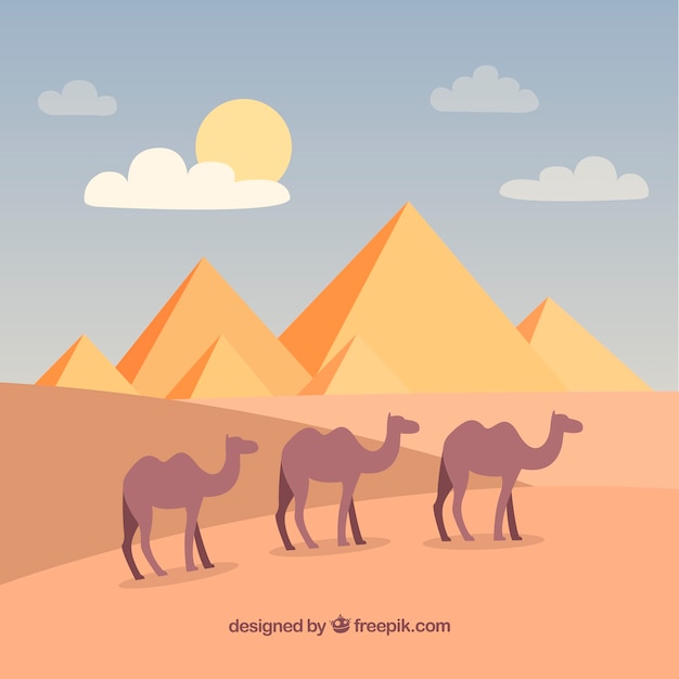 Free Vector background of egypt pyramids landscape with caravan of camels