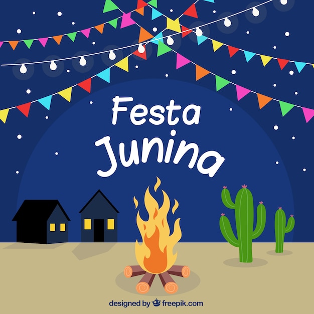 Background of festa junina with campfire at night