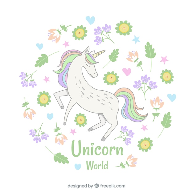 Free vector background of flowers and leaves with pretty unicorn