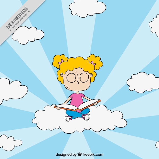 Background of girl sitting on a cloud and reading a book