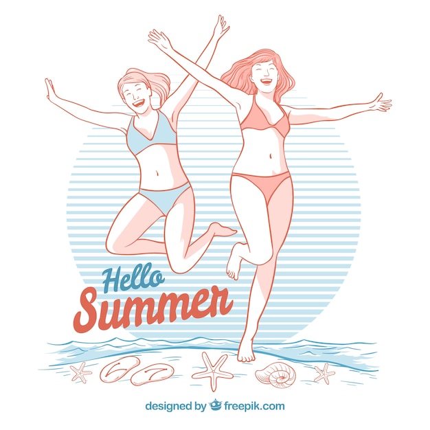 Free Vector background of hand drawn happy girls on the beach 