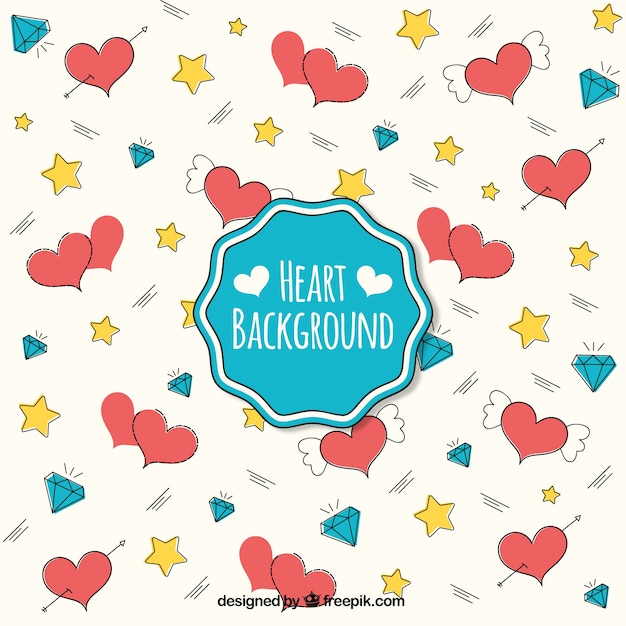 Free Vector background of hand drawn hearts with stars and diamonds 