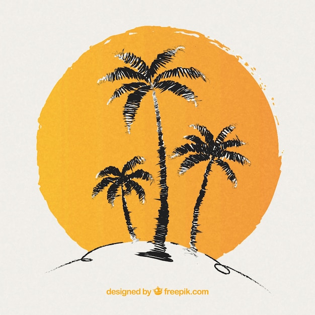 Free Vector background of hand-drawn palm trees and sun