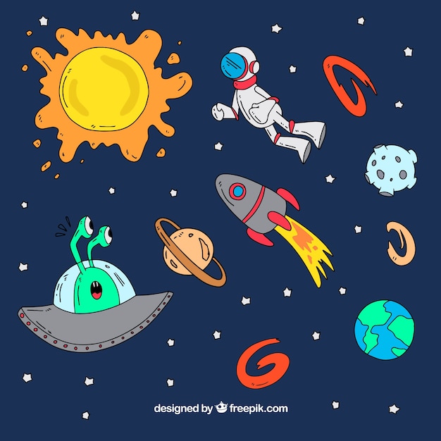 Background of hand drawn space elements and astronaut 