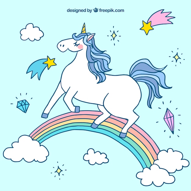 Free vector background of a hand drawn unicorn in a rainbow