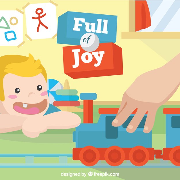 Background of happy child looking at a toy train