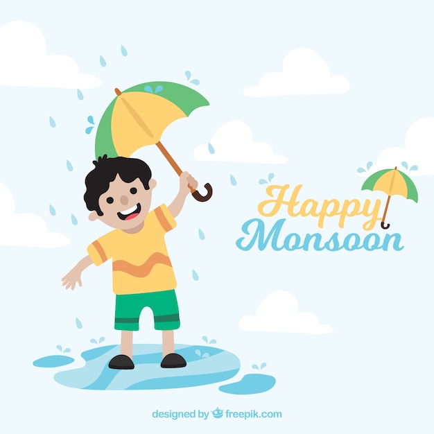 Background of happy monsoon boy with umbrella playing in the puddle