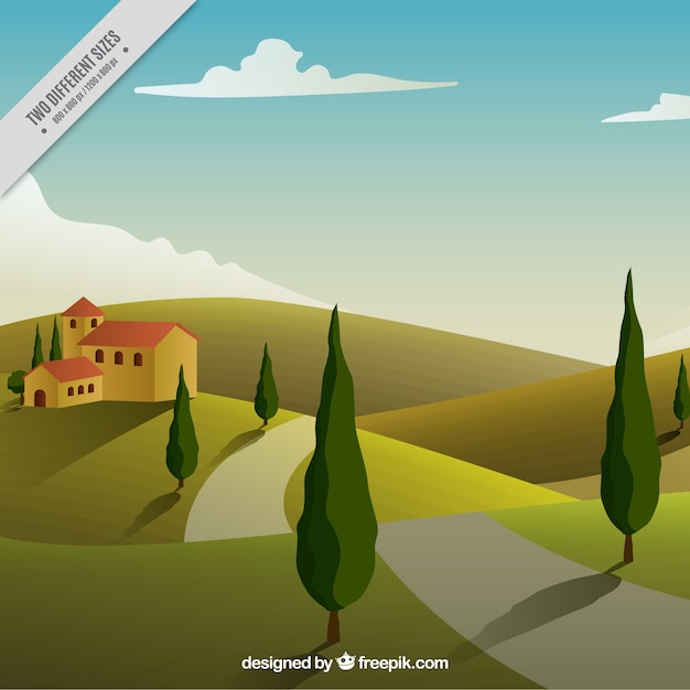 Background of house in the countryside with a path and trees