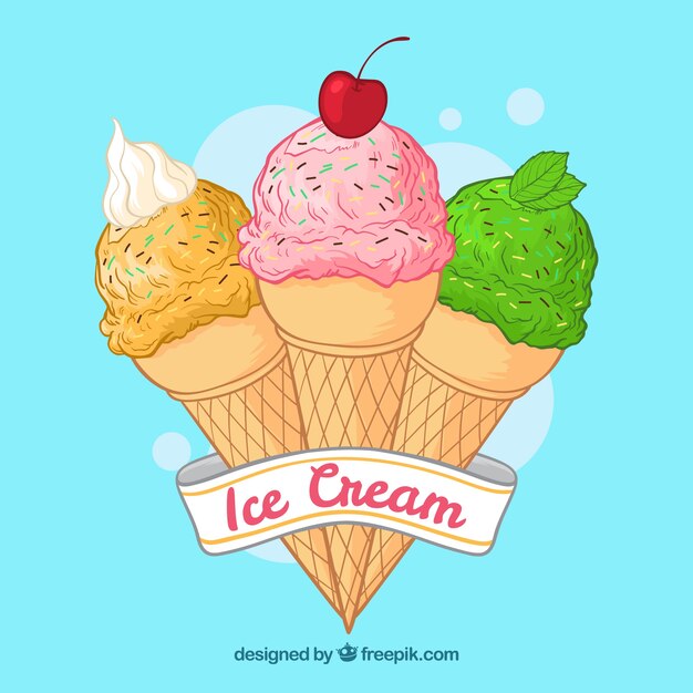 Background of ice cream with hand drawn wafer