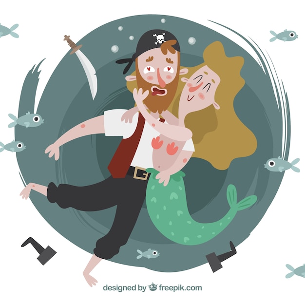 Background of nice pirate in love hugging a mermaid