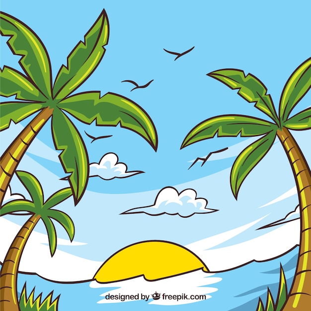 Background of palm trees and hand drawn beach