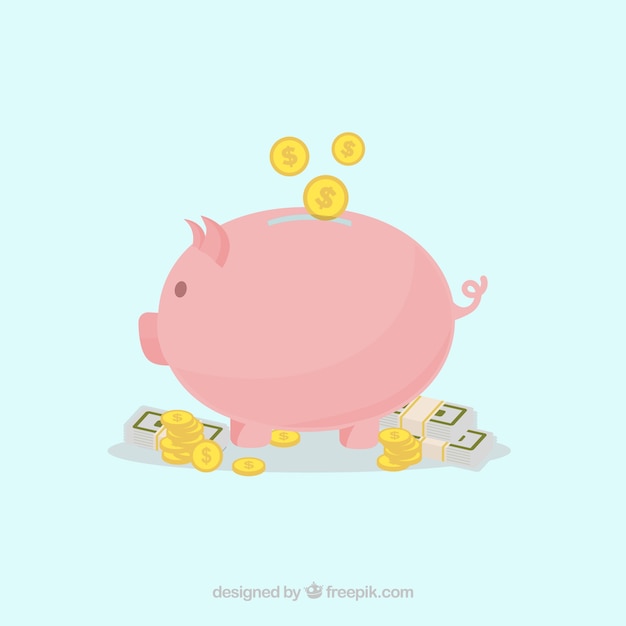 Background of piggy bank with coins and banknotes