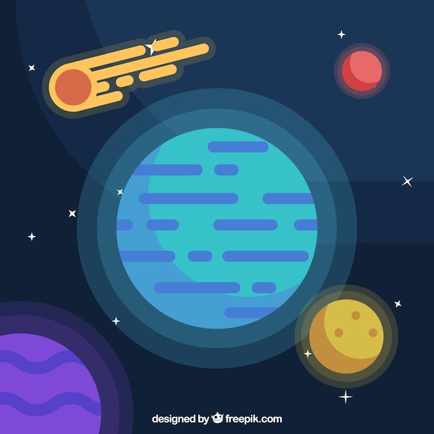 Background of planets and meteorite in flat design