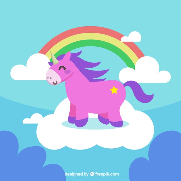 Background of rainbows and clouds with pink unicorn