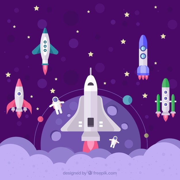 Free Vector background of rockets taking off in flat design