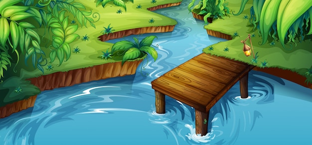 Free vector background scene with little pier by the river