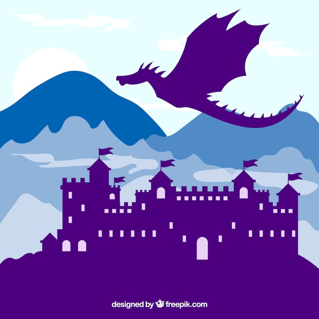 Free Vector background of silhouette castle with dragon flying