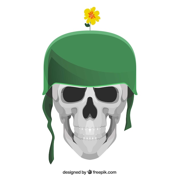 Background of skull with green helmet and decorative flower